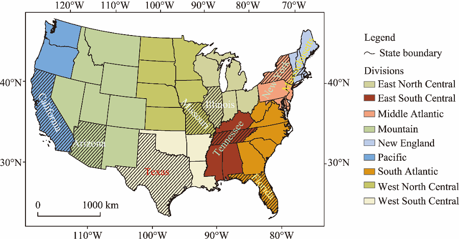 and the states with the highest population (shaded) in each